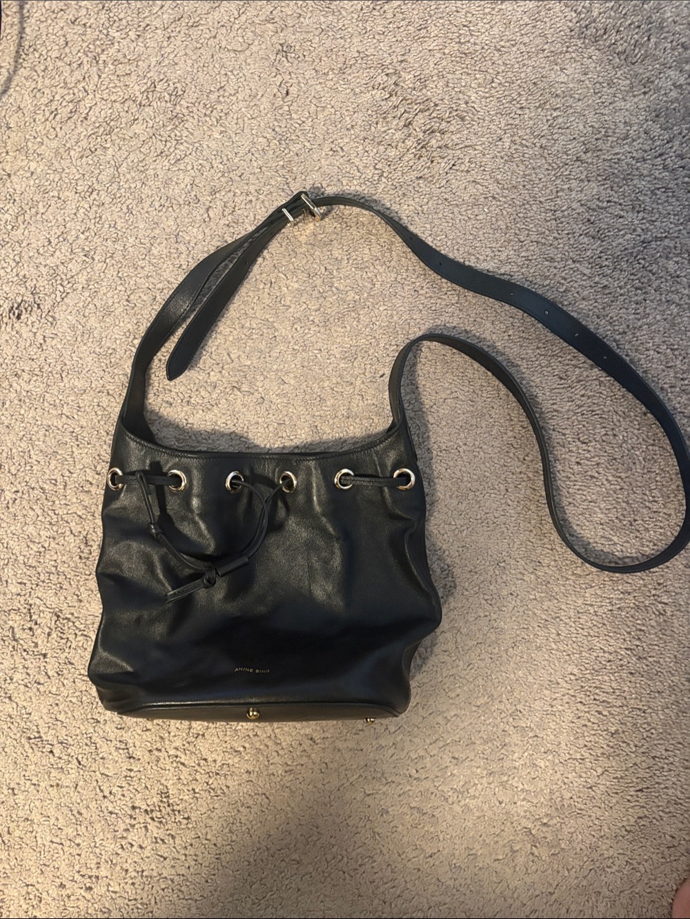 Anine Bing Black Leather Drawstring Shoulder Bag with Gold Hardware